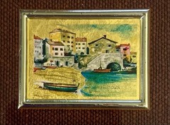 2 MCM Italy Miniature 23kt Oro Folgio Gold Leaf Framed Prints Boat Cityscape Art