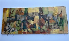 LARGE PAINTING ABSTRACT CATS KITTY KITTEN CUBIST CUBISM SEVENGER MID CENTURY OIL