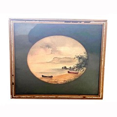 Antique Maine Coast Seascape Shore Cliffs Boats Signed A. A. Macleod Watercolor