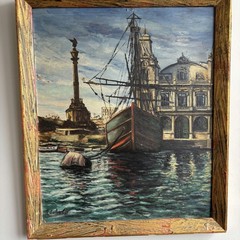 Handcrafted Harbor Scene Oil Painting „Docked Gondola“ Original Art