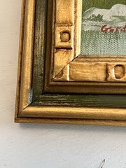 Landscape Oil Painting River Woods Gold Green Frame Vtg Signed 9.5×7.5” READ