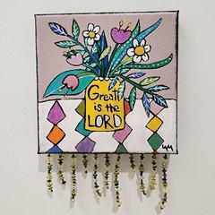 Folk Art ORIGINAL Bible Scripture Great LORD Psalm Flower Vase Pot Floral Beads