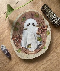 Wood Burned Ghost W/ Moths & Vines CalicoCallieInk Garden original painting OOAK