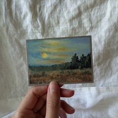 Original ACEO Night Landscape Full Moon and Field Impressionist Mini Painting