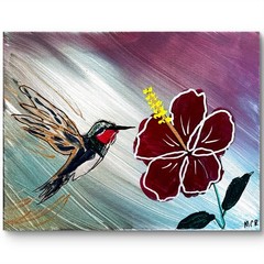 Hummingbird Flower Blue Abstract Signed Mixed Media Art Painting 11×14 Canvas