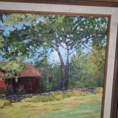 Red Barn Cabin Landscape Original Oil Painting Signed McMarshall On Board