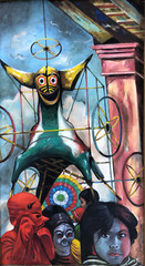 „Fiesta Symbol“-Mexico-Parade 30 1/4 x 17 1/4 Oil Painting-1968-James Carlin