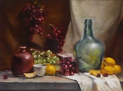 New Original Oil Painting Still Life Realism Glass Bottle, Vase w Fruits Signed