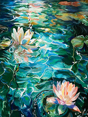 Original Hand-Painted Water Lily Pond Canvas Painting Floral Wall Art