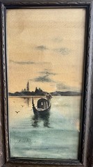Antique 1906 Gondola VENICE Sunset WATERCOLOR in Original Gesso FRAME Italy 14×8