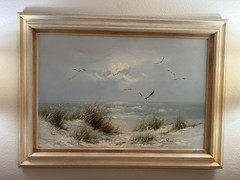 Edward RUNCI Vtg Beach Landscape Oil Painting Framed In Original Frame 44×32