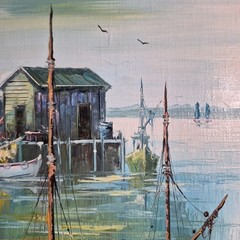Vintage Original Signed Oil Painting of Harbor Scene Featuring a Fishing Boat