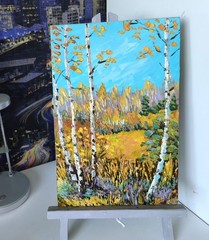 Original Oil Painting Autumn Birch Forest Textured Landscape 8x12in Panel Signed