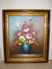 Still Life Oil Painting Art Flowers in Vase Floral Bouquet Signed R. Telson