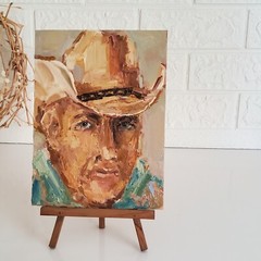 Cowboy Painting Western Original Oil Art Portrait Abstract Modern Wall Artwork