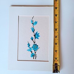 Two Flower Paintings Artist Signed Purple Iris Blue Branch Matted 7×9 Inches