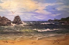 Vintage American Nautical Oil Painting Coastal Beach Seascape Landscape Bird Art