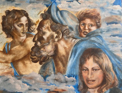 Oil painting signed. Wollenweber Jesus and his angels persons surrealism
