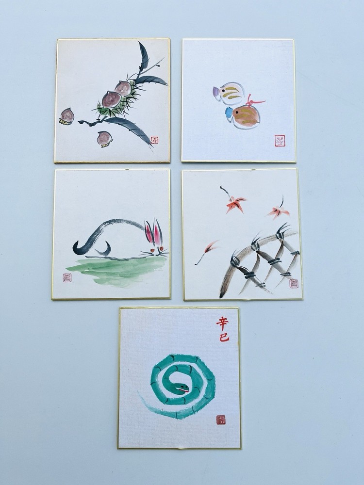 Vintage Japanese Hand Painted Shikishi Art Boards Zodiac Snake Rabbit Set 5