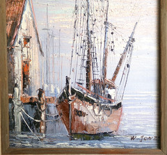 Vintage W. Jones Harbor Scene Fishing Boat Framed Oil Painting Rare 13” X 15”