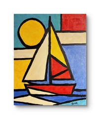 Cubist Sailboat Painting – Modern Coastal Geometric Art – Original Acrylic 11×14