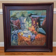 Large Impressionist Oil on Canvas Still Life Patio Scene Framed Painting 40×40