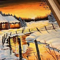 Vintage Original Signed Winter Cabin Birds Sunset Landscape Painting Framed 18”
