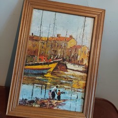 Vintage Impressionist Harbor Scene Framed Oil Painting Nautical Coastal 14×10