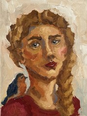 Female Original Abstract Oil Painting Woman with Bird Portrait Wall Decor