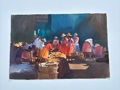 VINTAGE IMPRESSIONISM PAINTING MEXICO STREET SCENE VENDORS MARKET CASTILLO