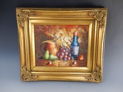 Oil Still Life Painting W/Fruits and Ornate Picture Frame 14-5/8″ X 12-3/4″