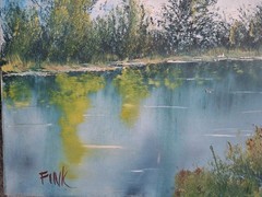 Cabin in the woods oil painting mountain snow peaks on a lake Signed Fink