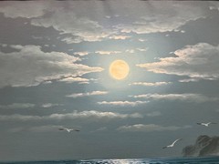 Oil Painting 24×36″ Ocean waves falling under night sky, lighthouse, seagulls