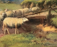 Oil Painting on Wood: Rustic Sheep Herding Scene with new Frame | Mid-20th Cent