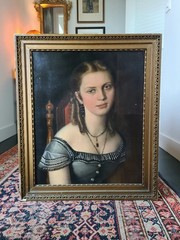 Antique 19th Century Oil Painting Portrait of a Victorian Gothic Young Lady