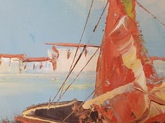 Original Acrylic Painting Signed Framed Cottage Boat Lake Retro Vibe 16″ x 12″