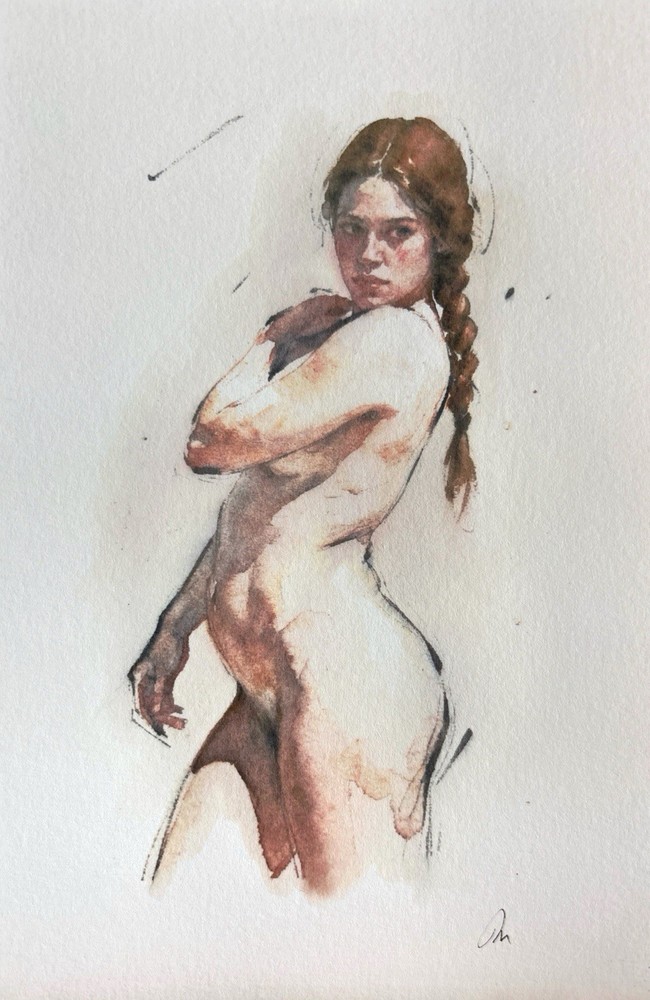 Original Watercolor Impressionism Painting Nude Female (5.5 × 8.5 inches)