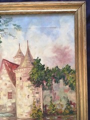 ANTIQUE OIL PAINTING LISTED ROY DEETS CASTLE LANDSCAPE GOLD FRAME 25.5″ X 28.5″