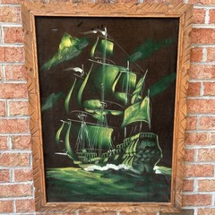 Vintage Painting on Velvet of a Moonlight Ship at Sea Antique Green Groovy Boho