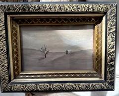 Antique Painting Framed under Glass Gray Tones Barn and Tree on paper AS IS