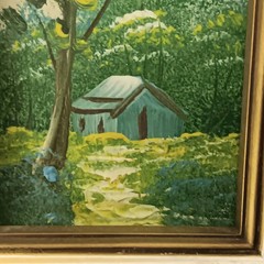 VTG Miniature Painting Barn Path & Trees In Gold Plastic Frame Blue Green Yellow