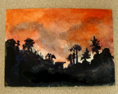 Original watercolor tonalist painting on paper ACEO art sunset Tarrantts