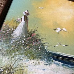 Vintage Original Oil Painting Canvas Framed SeagullGirl Seashore J.Fenton 13”x11