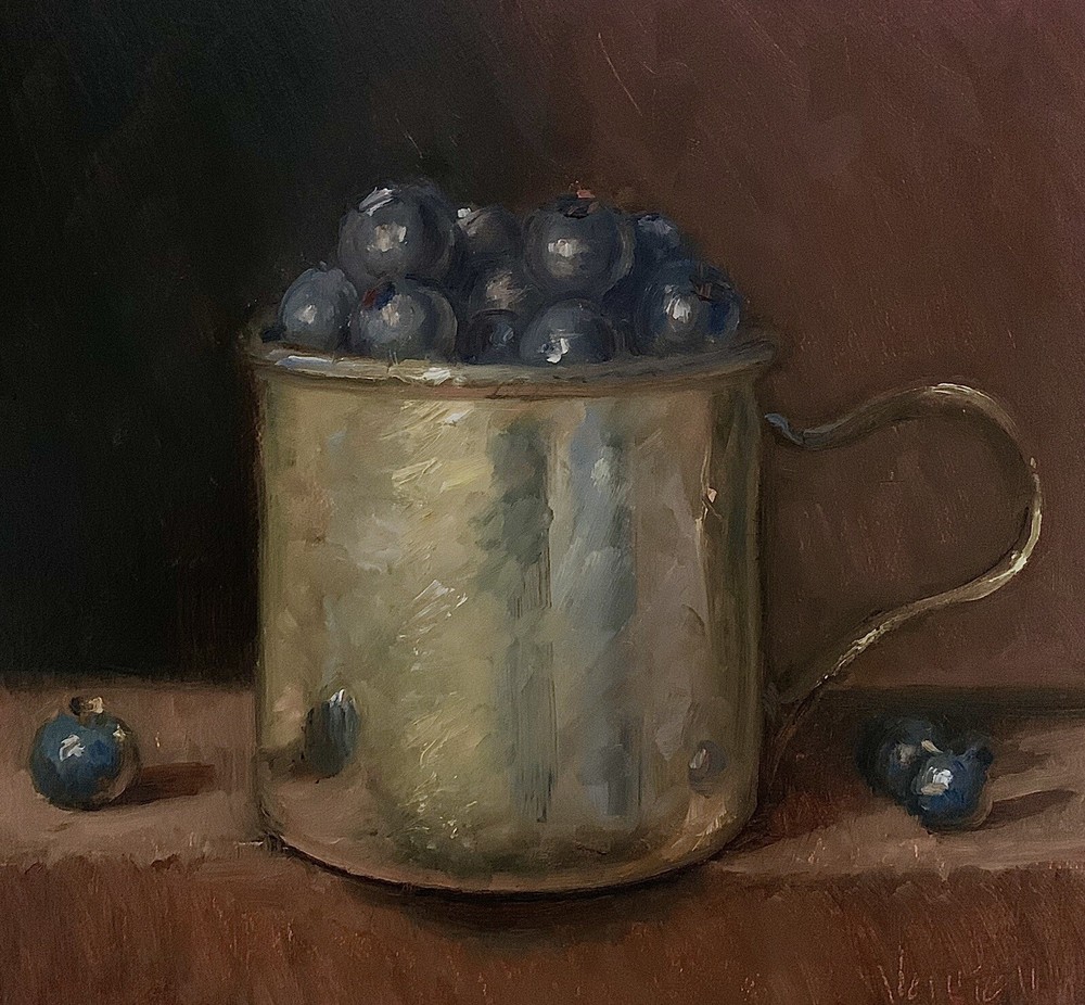 “Blueberries in Silver” NOAH VERRIER Still life oil painting, Signed print