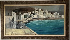 RALPH HULETT VINTAGE MODERN OCEAN LANDSCAPE OIL PAINTING OLD CUBISM SURREALISM