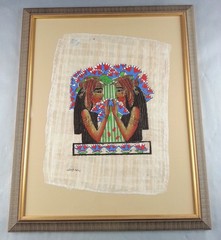 Egyptian Papyrus Painting Ancient Queen Lotus Flower Signed Art Gold Wood Framed