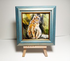 Ginger cat 4×4 inches Mini oil painting framed on stand read