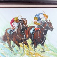 Vintage Horse Racing Oil Painting Equestrian Jockey Wall Art Framed Signed