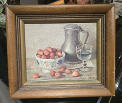 Vtg Framed Still Life Strawberries Wine Carafe Print 7 1/2×6 1/2