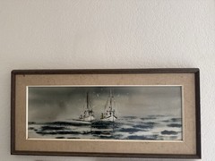Original Betty Harrington Tug Boat Watercolor Vintage 1960s 35”x16”